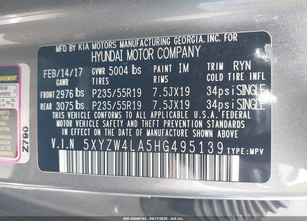 2017 HYUNDAI SANTA FE SPORT VIN: 5XYZW4LA5HG495139