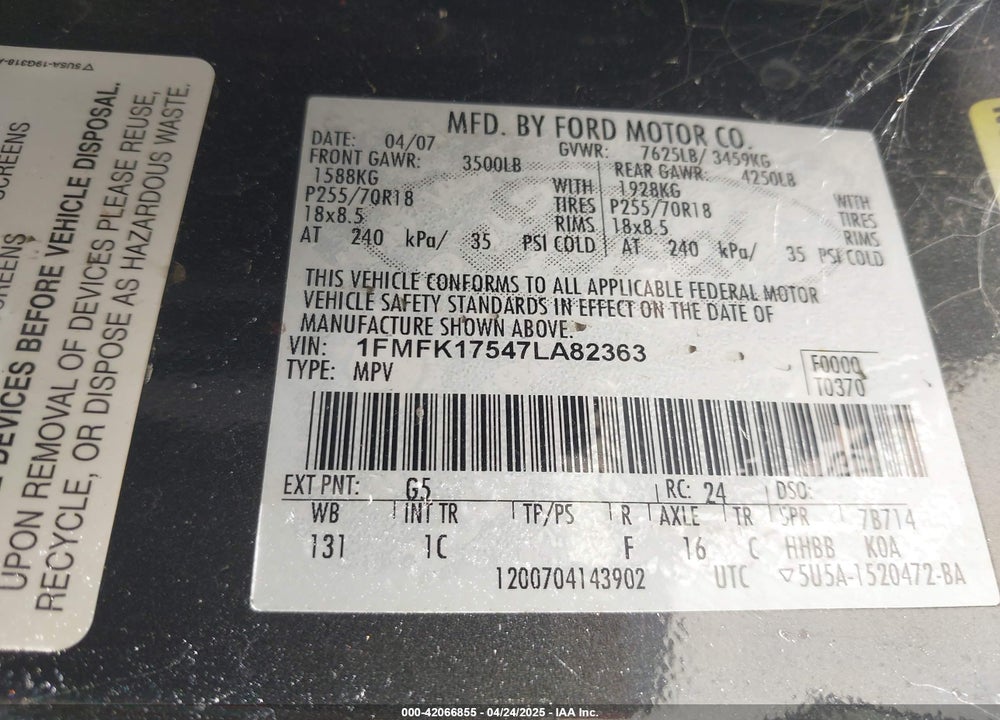 2007 FORD EXPEDITION EL VIN: 1FMFK17547LA82363