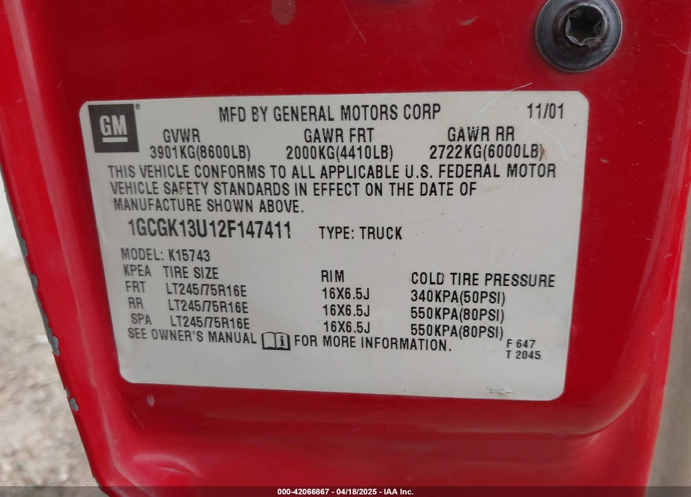 2002 CHEVROLET SILVERADO 1500HD LT VIN: 1GCGK13U12F147411