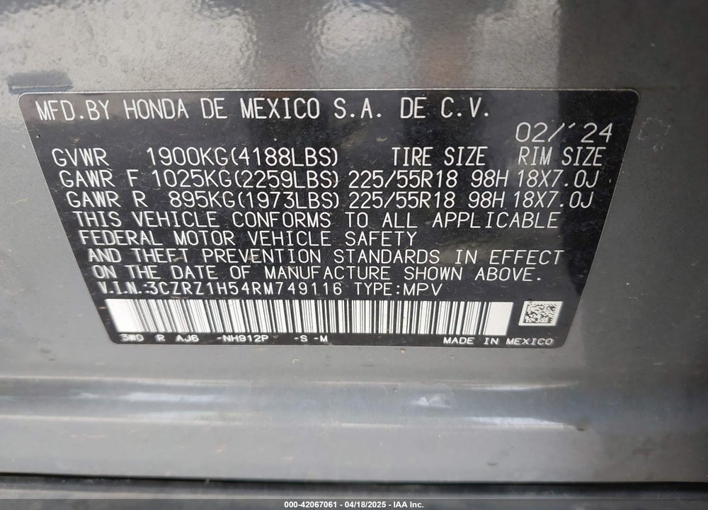 2024 HONDA HR-V VIN: 3CZRZ1H54RM749116
