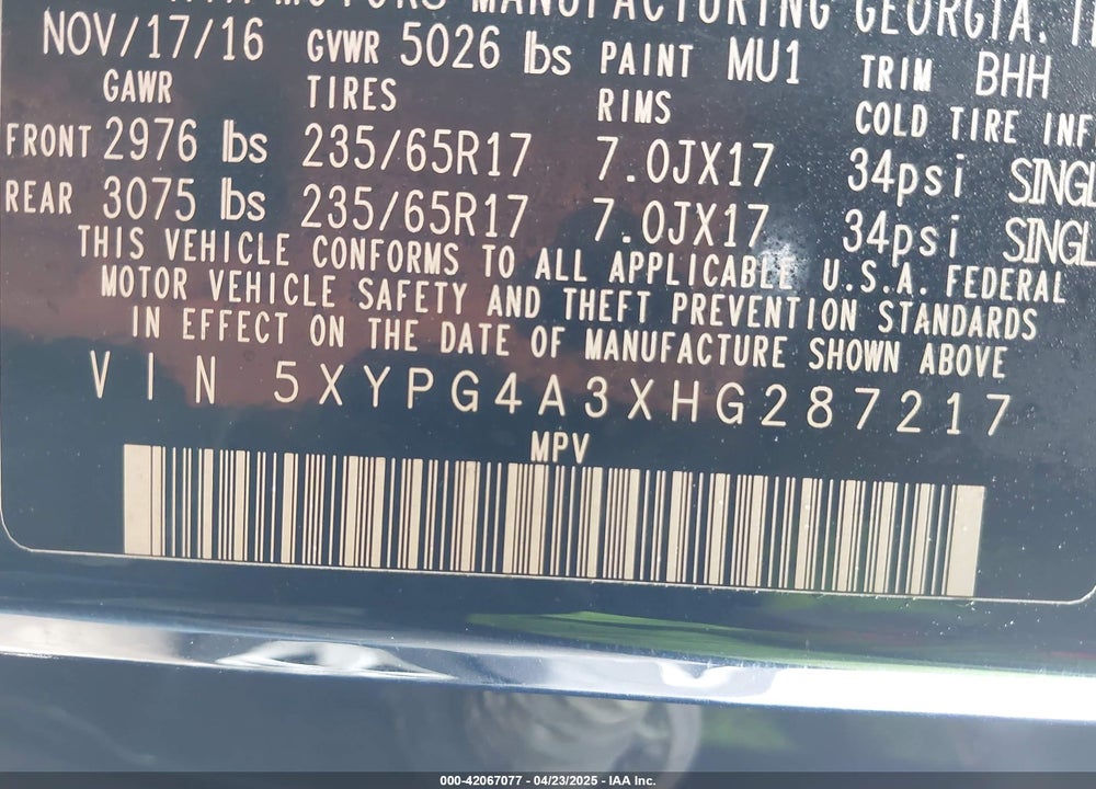 2017 KIA SORENTO 2.4L LX VIN: 5XYPG4A3XHG287217