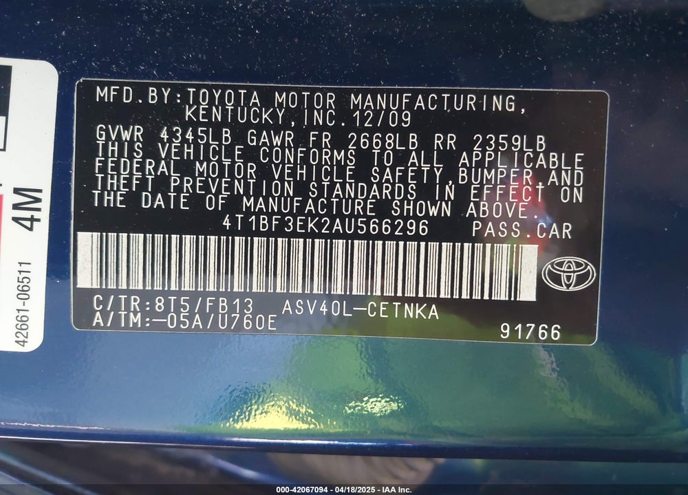 2010 TOYOTA CAMRY VIN: 4T1BF3EK2AU566296