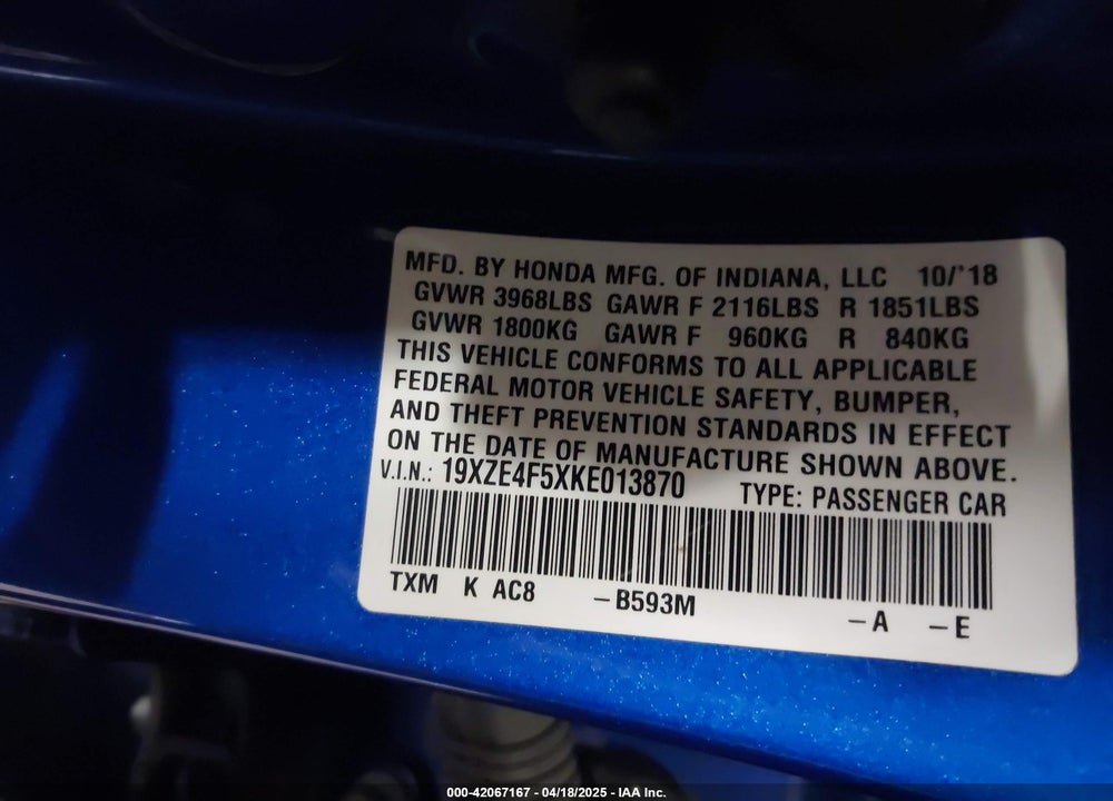 2019 HONDA INSIGHT EX VIN: 19XZE4F5XKE013870