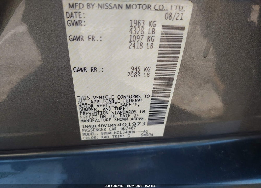 2021 NISSAN ALTIMA VIN: 1N4BL4DV1MN401973