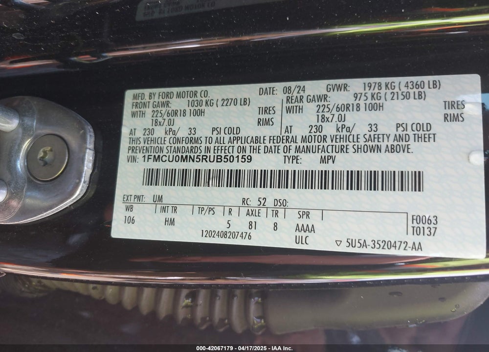 2024 FORD ESCAPE ST LINE VIN: 1FMCU0MN5RUB50159