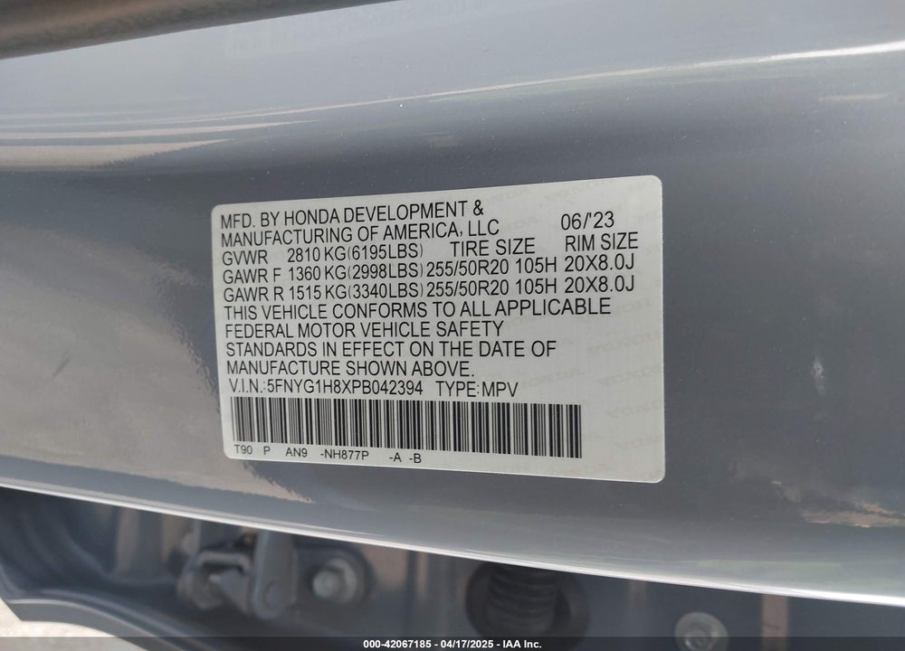 2023 HONDA PILOT VIN: 5FNYG1H8XPB042394