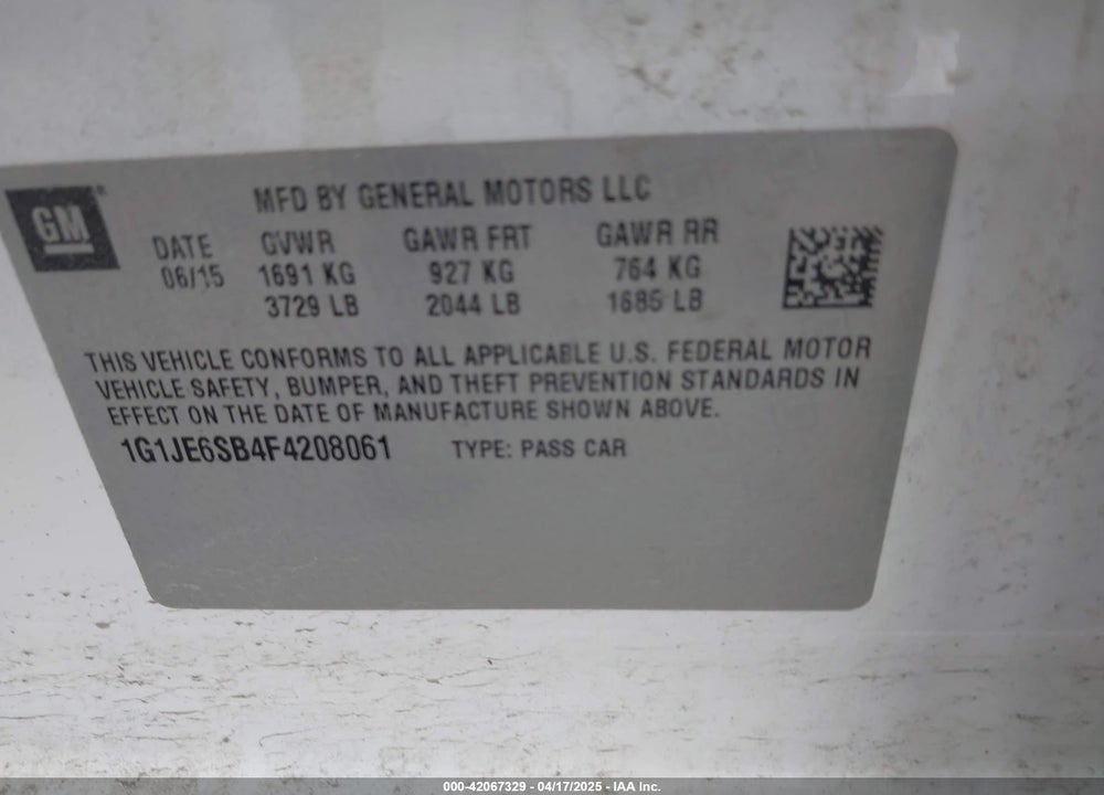 2015 CHEVROLET SONIC LTZ AUTO VIN: 1G1JE6SB4F4208061