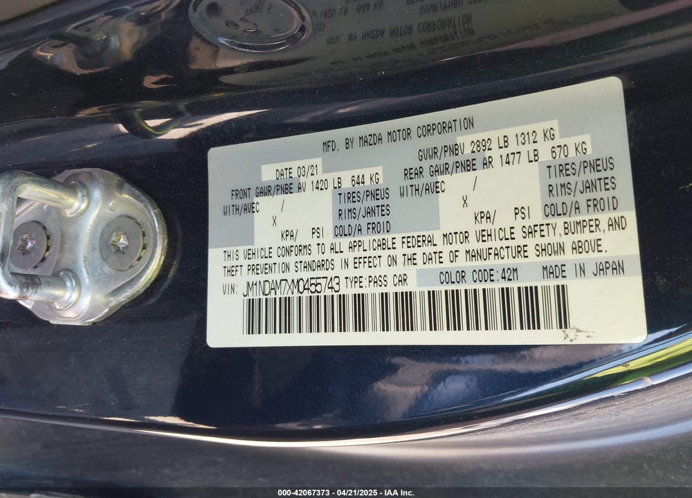 2021 MAZDA MX5 VIN: JM1NDAM7XM0455743