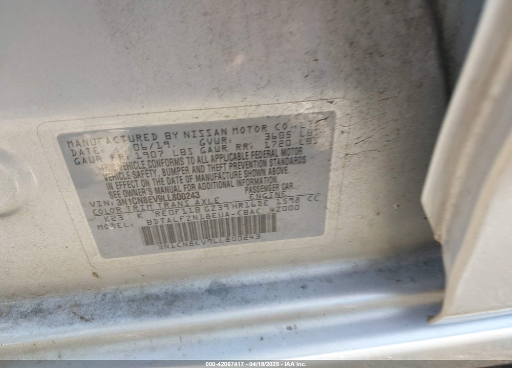 2020 NISSAN VERSA VIN: 3N1CN8EV9LL800243