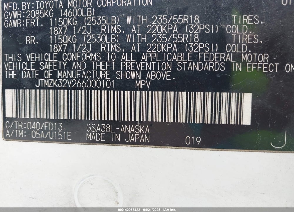 2006 TOYOTA RAV4 VIN: JTMZK32V266000101