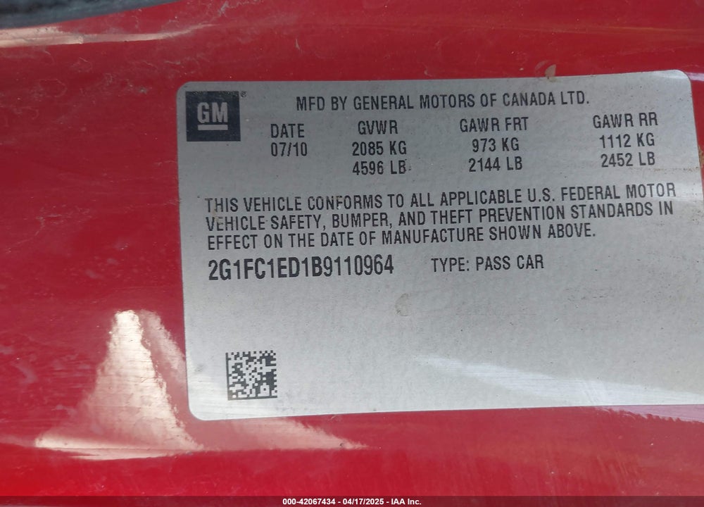 2011 CHEVROLET CAMARO 2LT VIN: 2G1FC1ED1B9110964