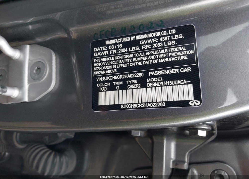 2017 INFINITI QX30 PREMIUM VIN: SJKCH5CR2HA022260