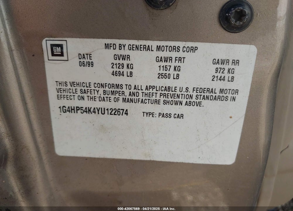 2000 BUICK LESABRE CUSTOM VIN: 1G4HP54K4YU122674