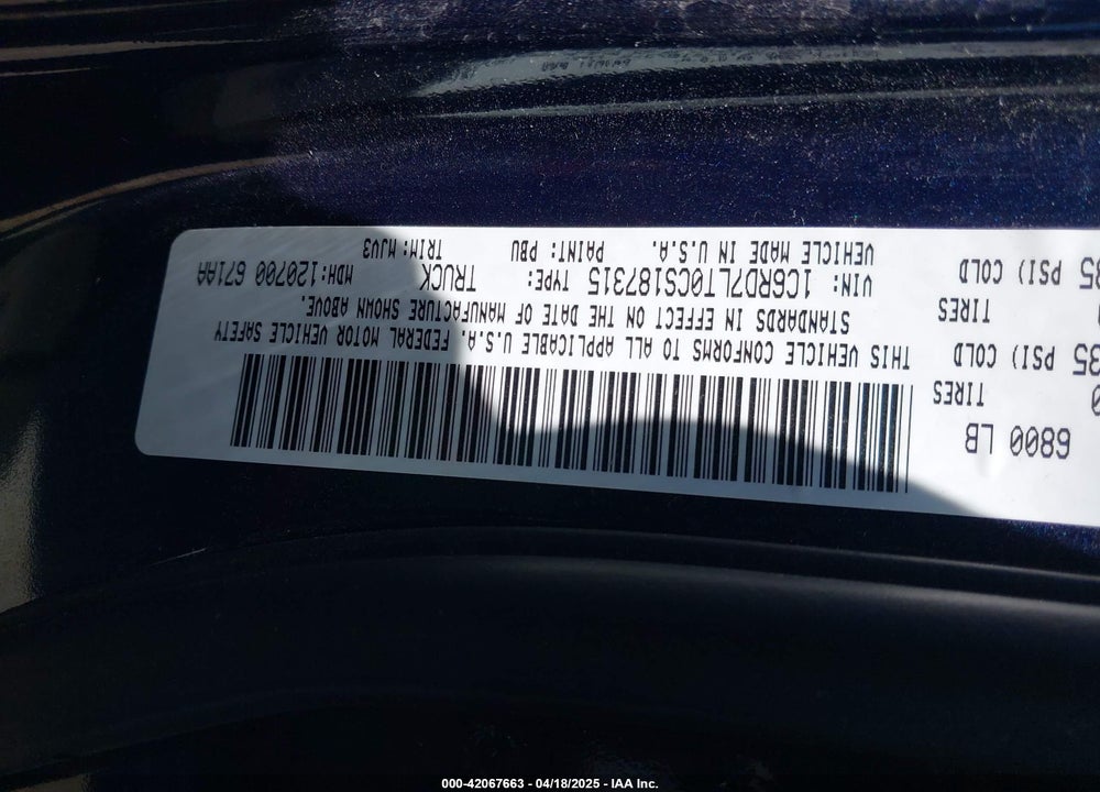 2012 DODGE RAM 1500 VIN: 1C6RD7LT0CS187315