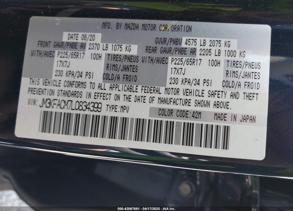 2020 MAZDA CX-5 VIN: JM3KFACM7L0834399