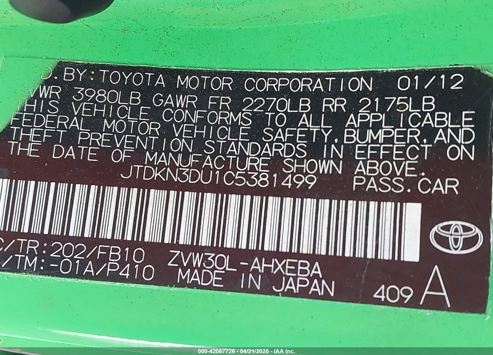 2012 TOYOTA PRIUS VIN: JTDKN3DU1C5381499