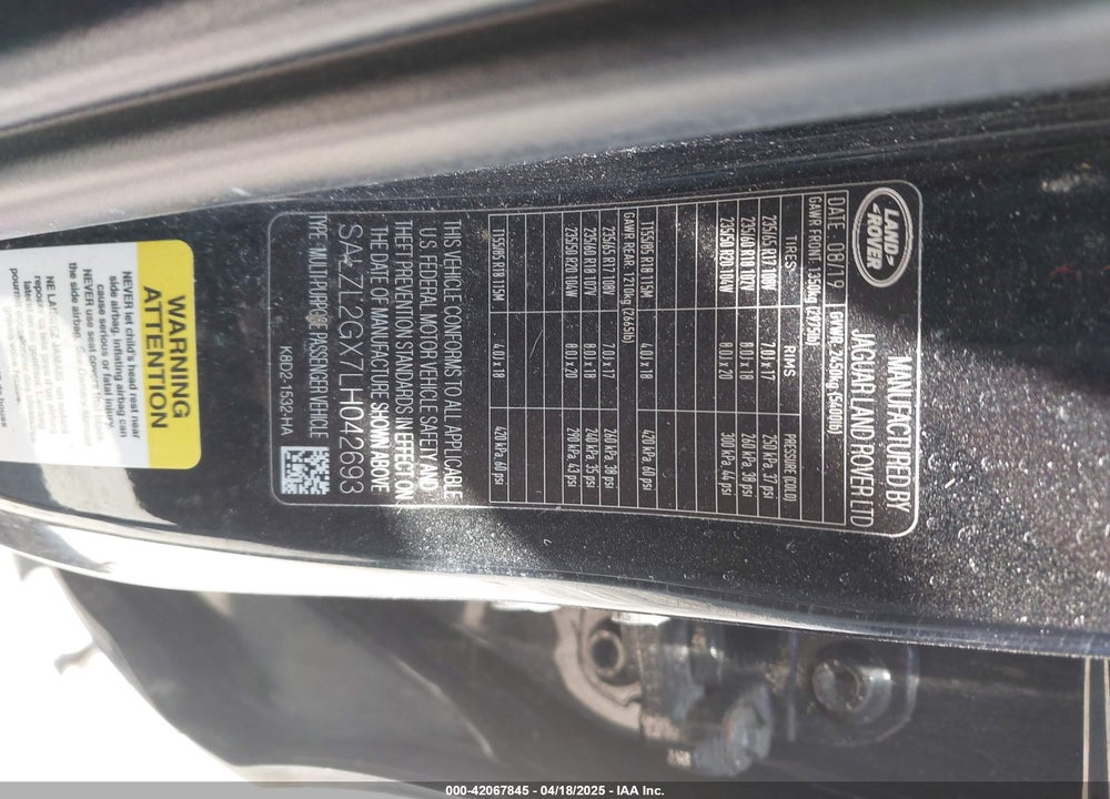 2020 LAND ROVER RANGE ROVER EVOQUE R-DYNAMIC SE VIN: SALZL2GX7LH042693