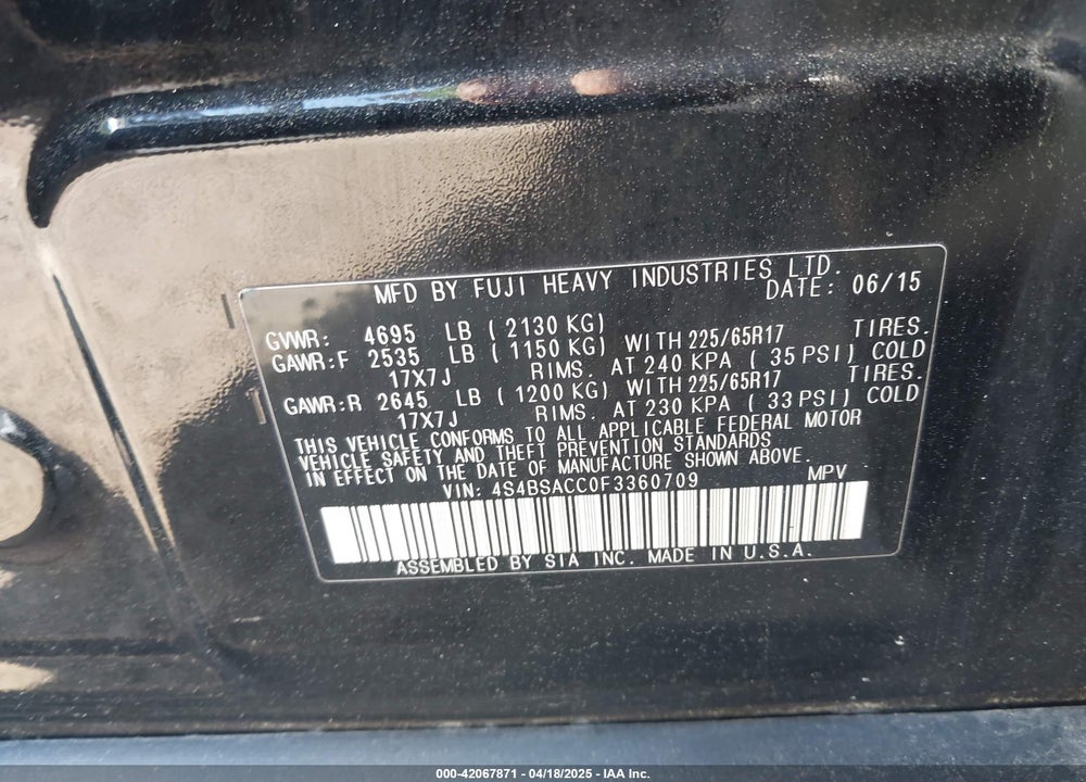 2015 SUBARU OUTBACK VIN: 4S4BSACC0F3360709