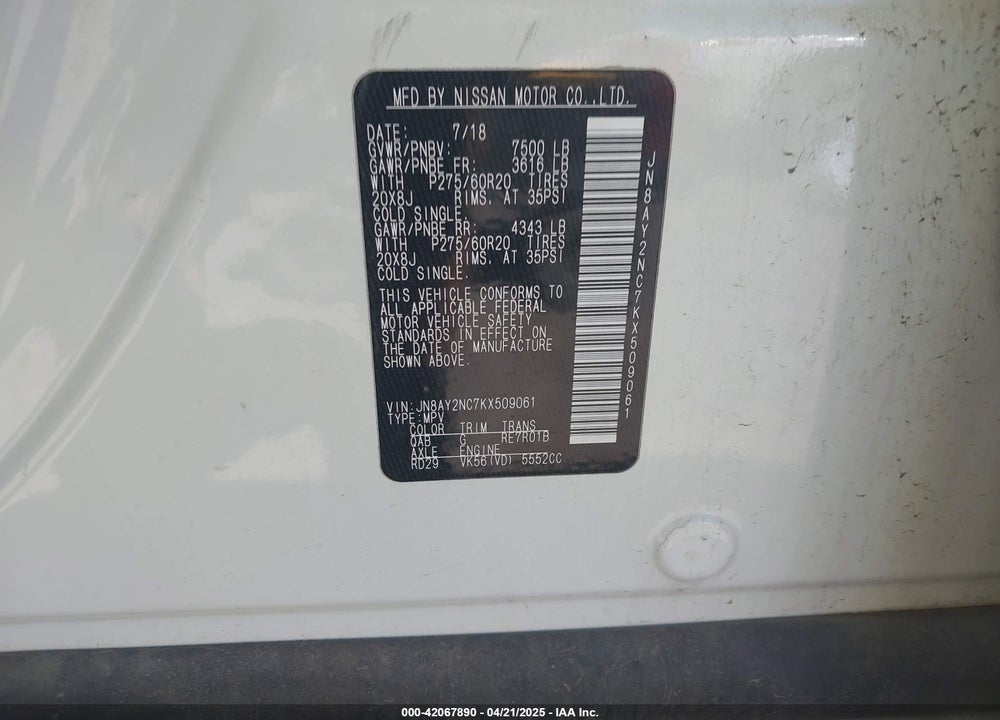 2019 NISSAN ARMADA VIN: JN8AY2NC7KX509061