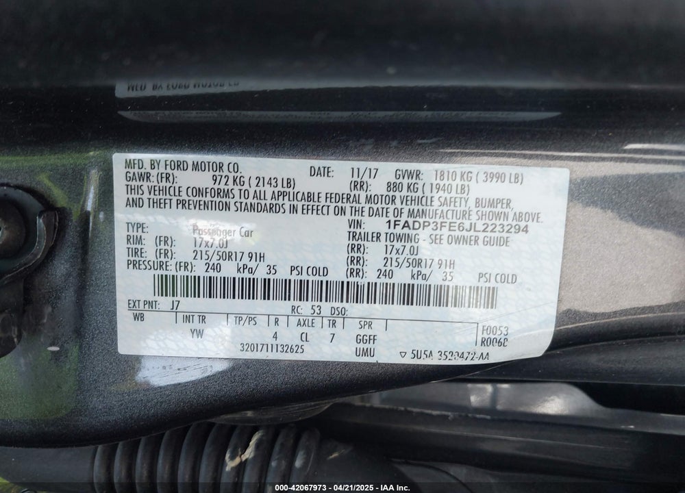2018 FORD FOCUS VIN: 1FADP3FE6JL223294