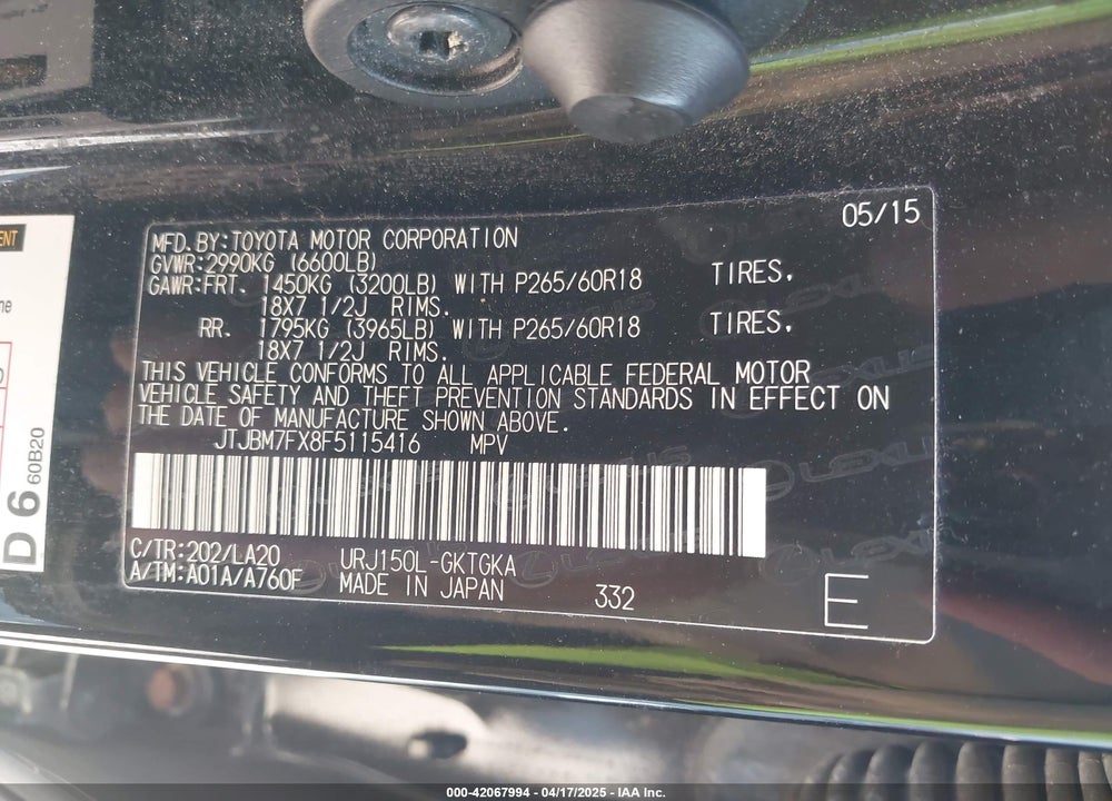 2015 LEXUS GX 460 VIN: JTJBM7FX8F5115416