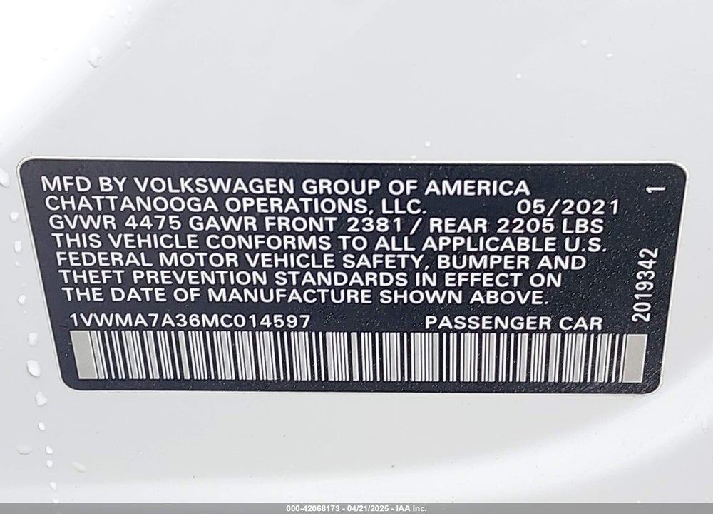 2021 VOLKSWAGEN PASSAT 2.0T R-LINE VIN: 1VWMA7A36MC014597