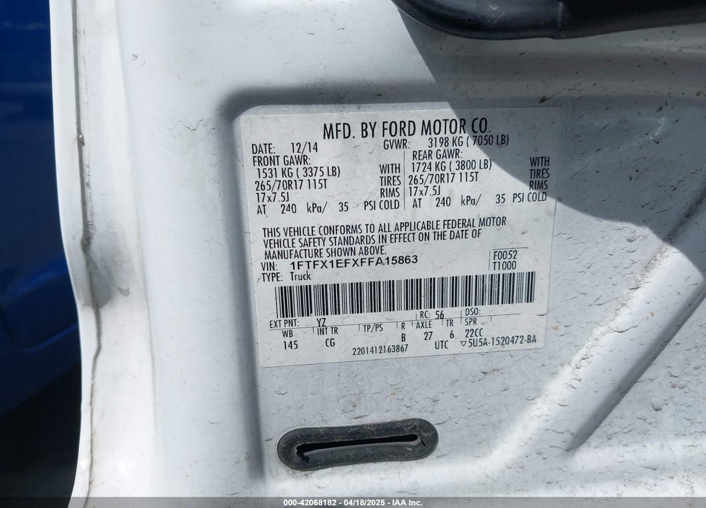 2015 FORD F-150 VIN: 1FTFX1EFXFFA15863