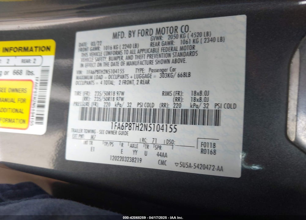 2022 FORD MUSTANG VIN: 1FA6P8TH2N5104155