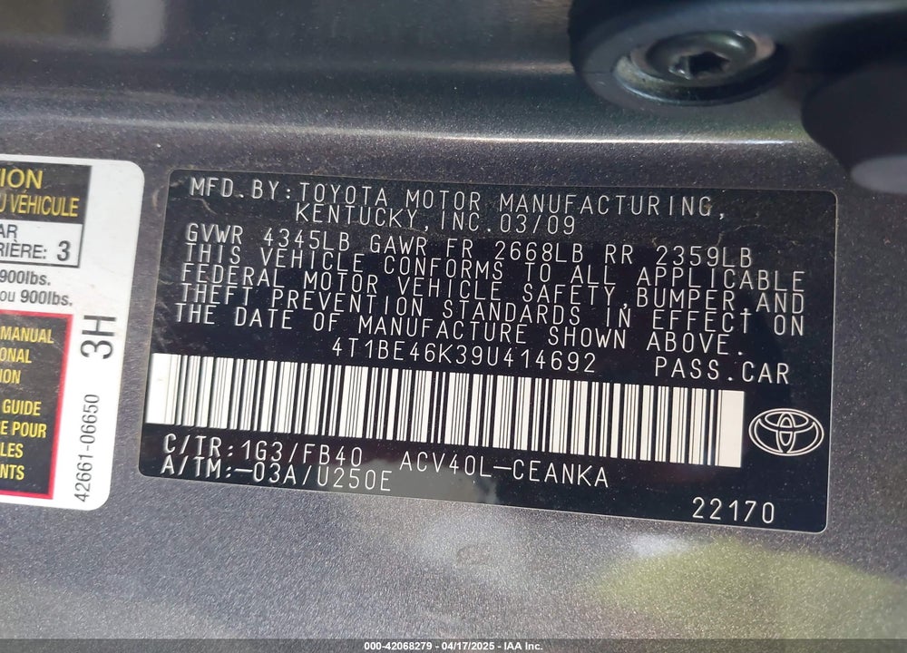 2009 TOYOTA CAMRY LE VIN: 4T1BE46K39U414692
