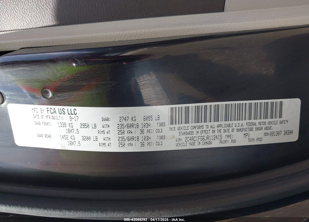 2018 CHRYSLER PACIFICA TOURING PLUS VIN: 2C4RC1FG6JR112415