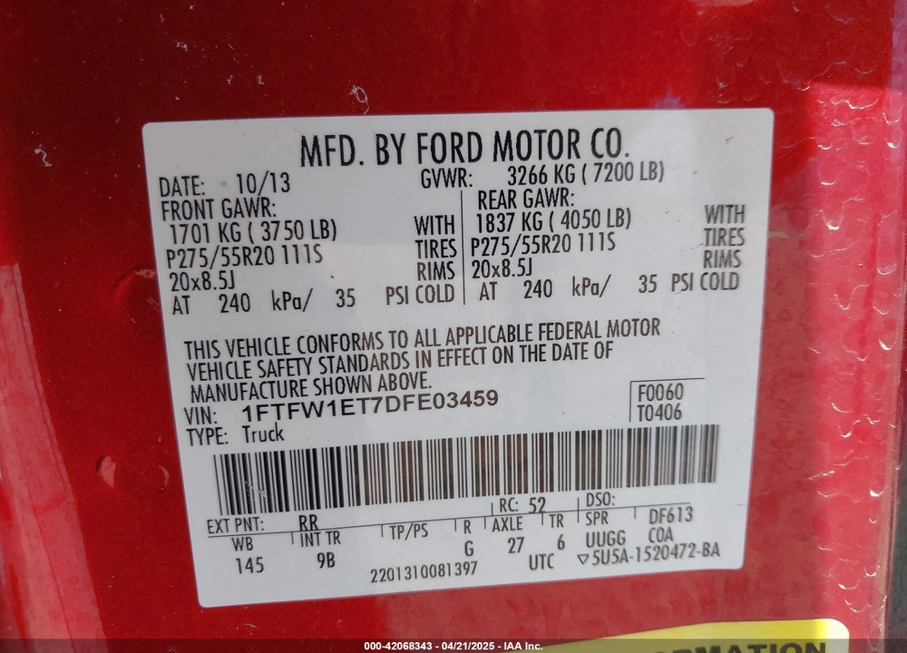 2013 FORD F-150 VIN: 1FTFW1ET7DFE03459