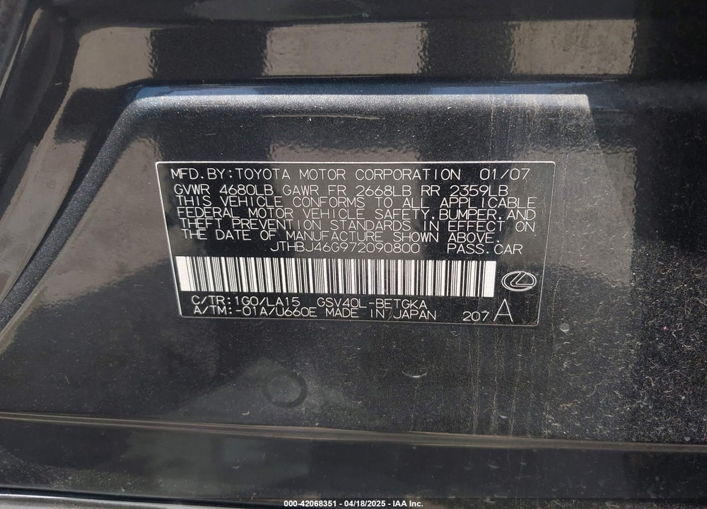 2007 LEXUS ES 350 VIN: JTHBJ46G972090800