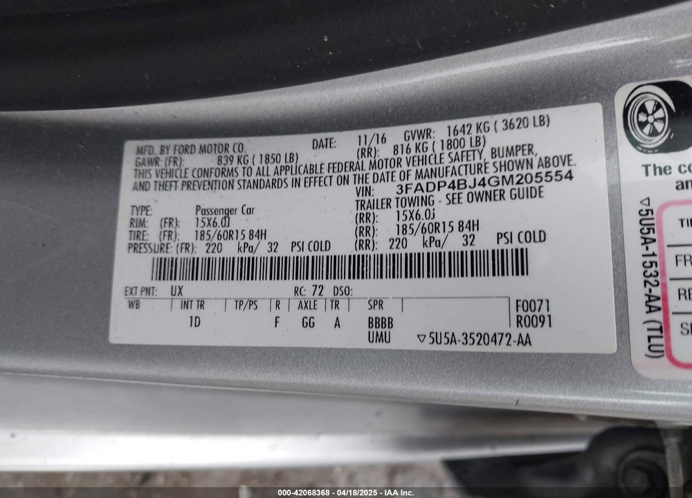 2016 FORD FIESTA SE VIN: 3FADP4BJ4GM205554