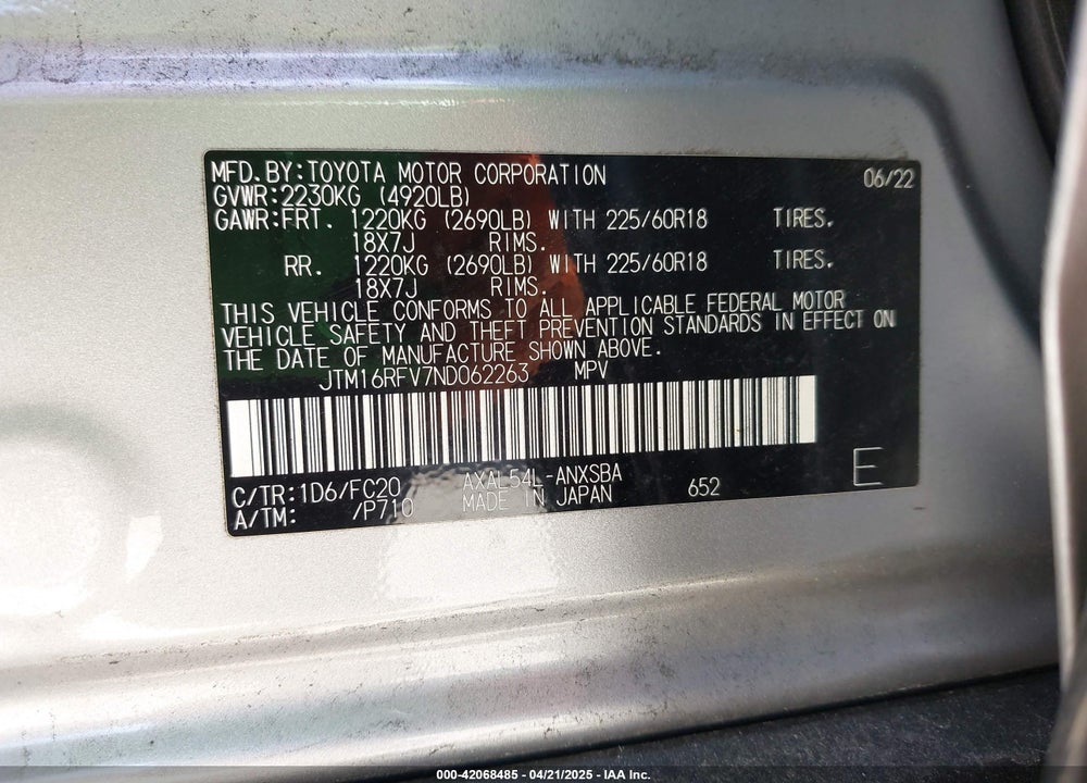 2022 TOYOTA RAV4 HYBRID VIN: JTM16RFV7ND062263