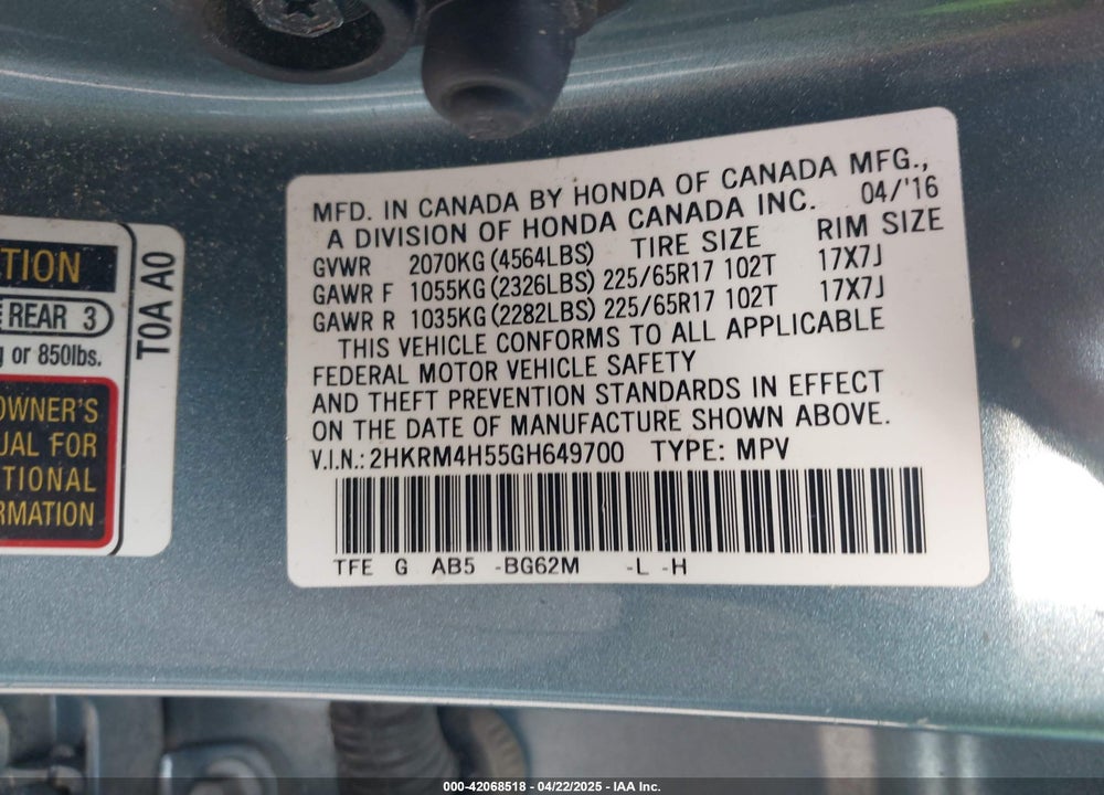 2016 HONDA CR-V VIN: 2HKRM4H55GH649700