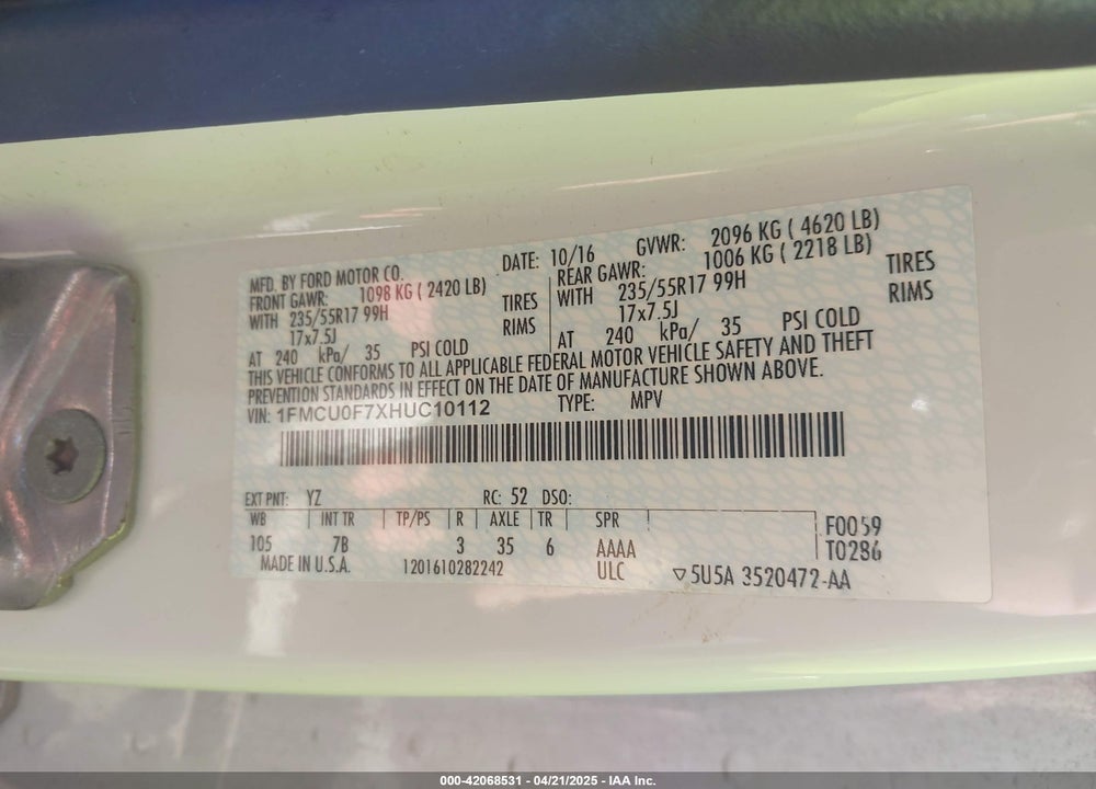 2017 FORD ESCAPE S VIN: 1FMCU0F7XHUC10112