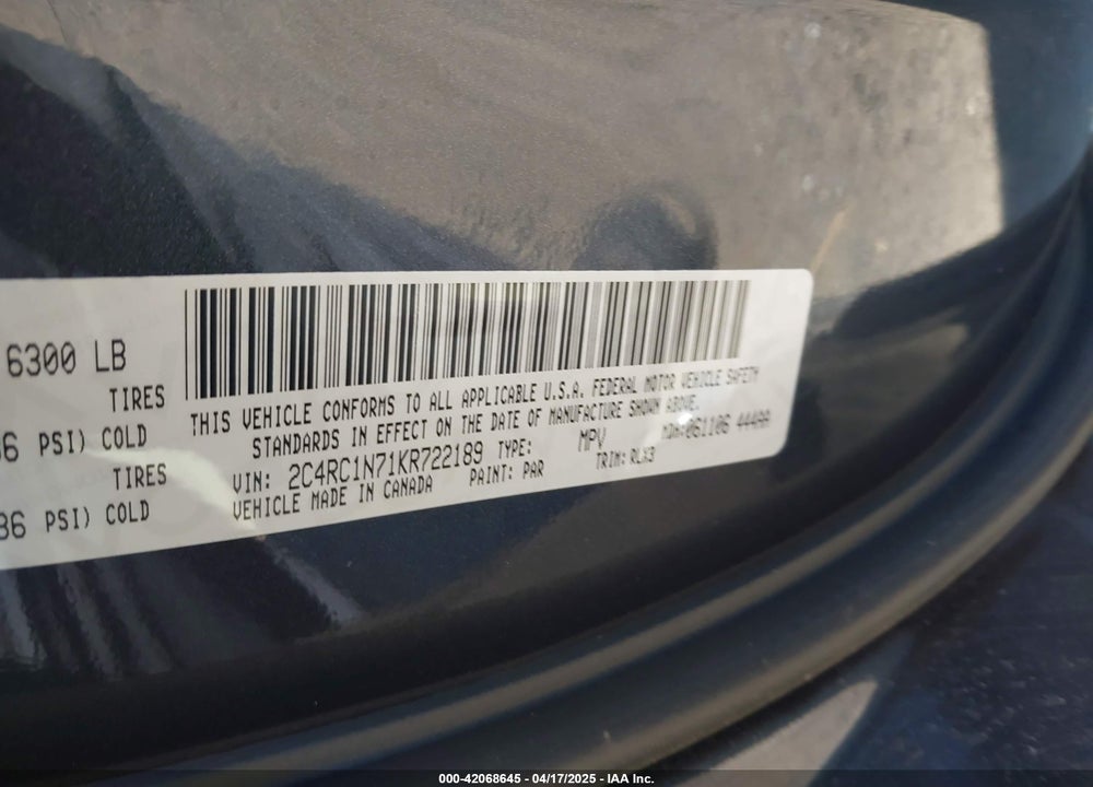 2019 CHRYSLER PACIFICA HYBRID LIMITED VIN: 2C4RC1N71KR722189
