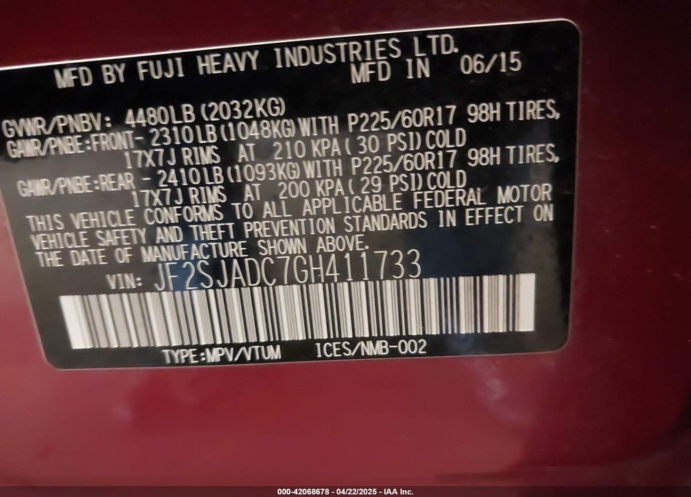 2016 SUBARU FORESTER 2.5I PREMIUM VIN: JF2SJADC7GH411733