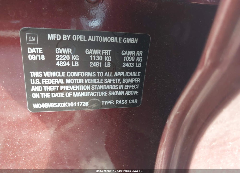 2019 BUICK REGAL TOURX VIN: W04GV8SX0K1011726