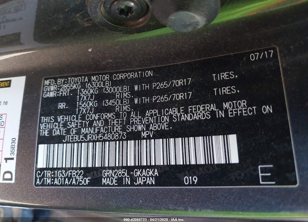 2017 TOYOTA 4RUNNER SR5 VIN: JTEBU5JRXH5480873