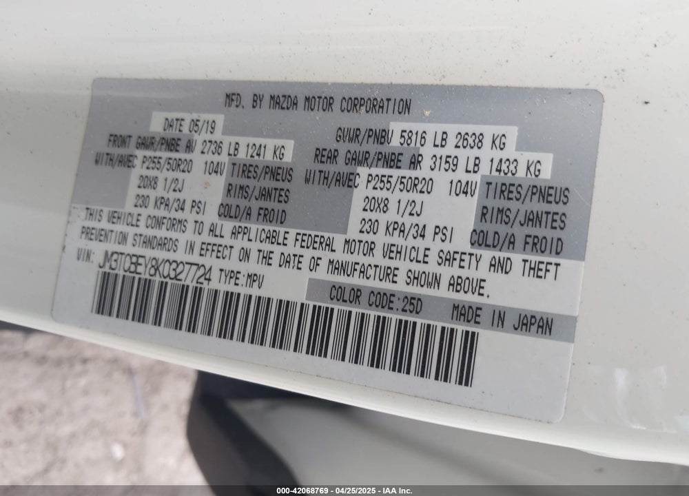 2019 MAZDA CX-9 SIGNATURE VIN: JM3TCBEY8K0327724