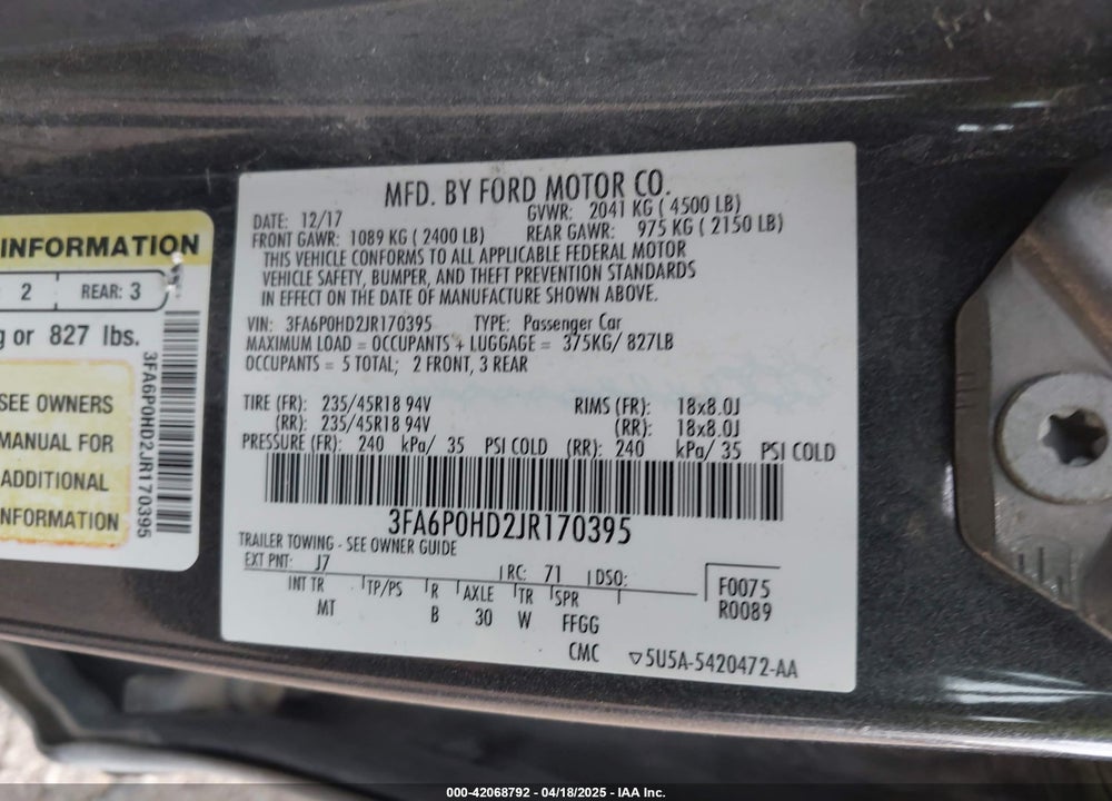 2018 FORD FUSION SE VIN: 3FA6P0HD2JR170395