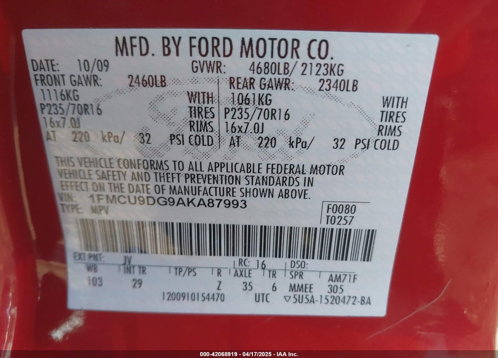 2010 FORD ESCAPE VIN: 1FMCU9DG9AKA87993