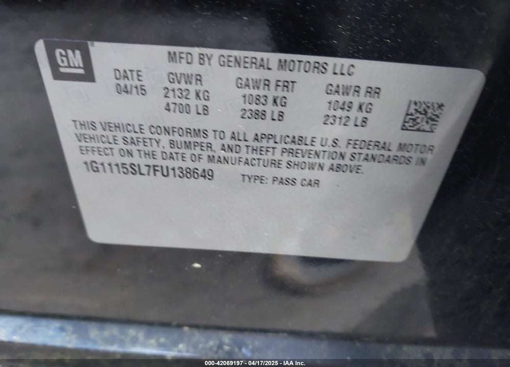 2015 CHEVROLET IMPALA VIN: 1G1115SL7FU138649