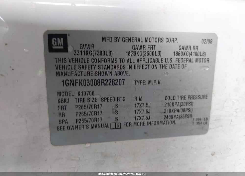 2008 CHEVROLET TAHOE SPECIAL SERVICES VIN: 1GNFK03008R228207