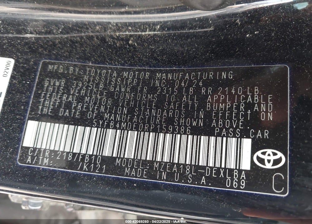 2024 TOYOTA COROLLA VIN: 5YFB4MDE0RP159386