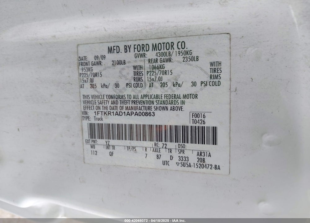 2010 FORD RANGER XL/XLT VIN: 1FTKR1AD1APA00863