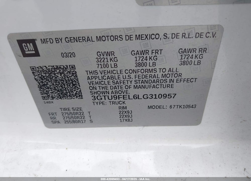 2020 GMC SIERRA 1500 VIN: 3GTU9FEL6LG310957
