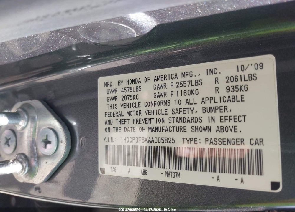 2010 HONDA ACCORD VIN: 1HGCP3F8XAA005825
