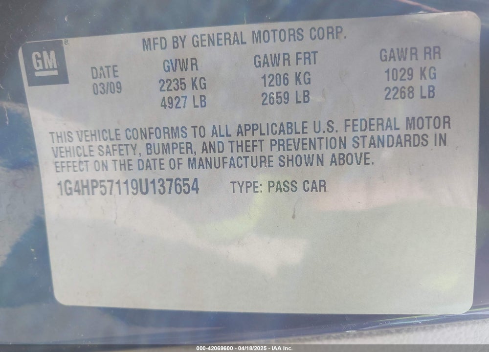 2009 BUICK LUCERNE CX VIN: 1G4HP57119U137654